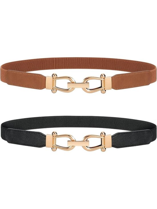 Women\'s Black Brown Stretchy Elastic Skinny Waist Belt with Gold Buckle main image 6